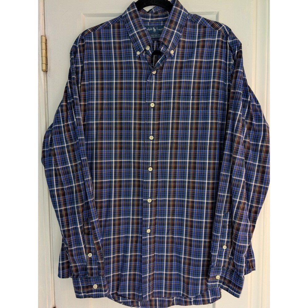 Ralph Lauren Custom Fit Purple Plaid Button Down Shirt Men's Large 2 Ply Cotton